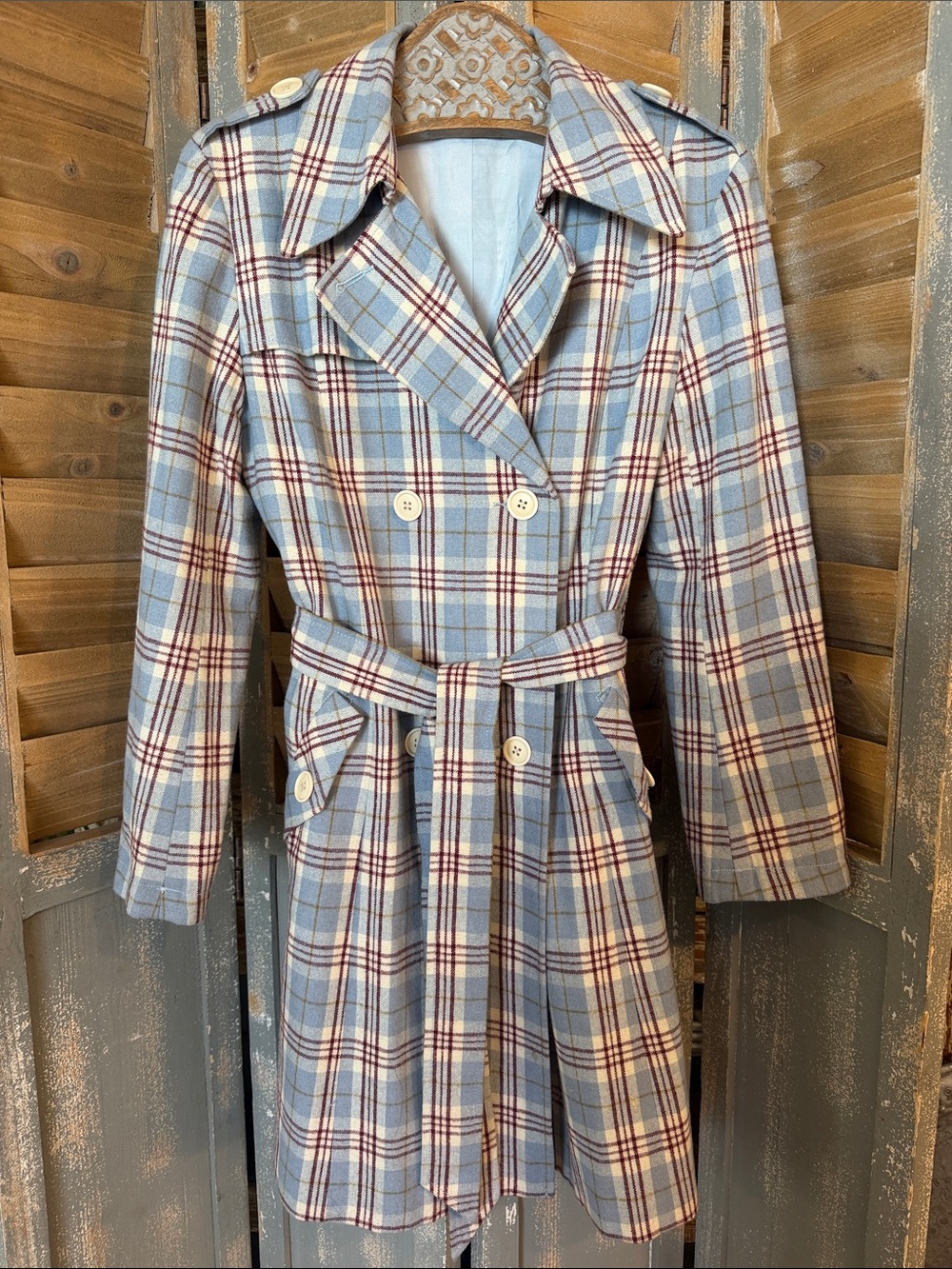 VINTAGE 💯% Cotton Plaid Trench Jacket Grey Blue and Maroon Size *see measurement
